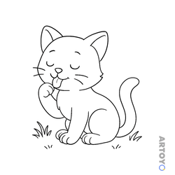 Котёнок вылизывается — раскраска для распечатки