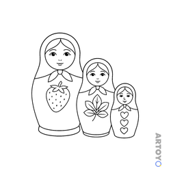 Раскраска Матрёшки с землёничкой, листиком и сердечками