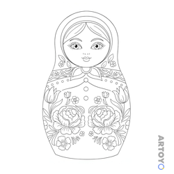 Раскраска Матрёшка с двумя пионами, чёрно-белый контур