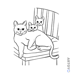 Раскраска «Кошка и два котенка» из категории Коты кошки, котят