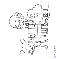 Раскраска Toca Boca девочка, дедушка и крампеты, чёрно-белый контур