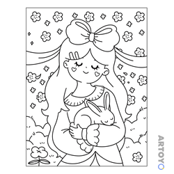 Милые раскраски: раскраска Милая девочка держит крольчонка
