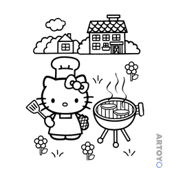 Раскраска Kitty печёт лепёшки, чёрно-белый контур