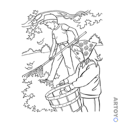 Раскраска Дети убирают листья, чёрно-белый контур