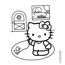 Раскраска Kitty с уточкой, чёрно-белый контур