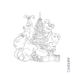 Раскраска Финник с домовыми возли ёлки, чёрно-белый контур