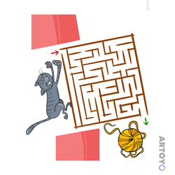 Кот и клубок ниток — лабиринт для распечатки