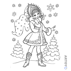 Раскраска Снегурочка в красивой шубке