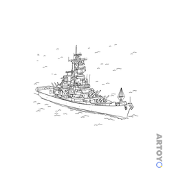 Раскраска Военный корабль с пушками, чёрно-белый контур