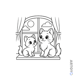 Раскраска Котята смотрят в окно, чёрно-белый контур