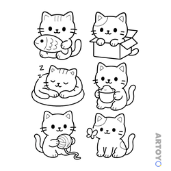 Шесть котят: с рыбой, в коробке, на подушке, с чашкой, клубком ниток и бабочкой