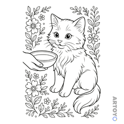 Котёнок в цветах и миска молока — раскраска для распечатки