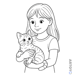 Раскраска Котенок на руках у девочки, чёрно-белый контур