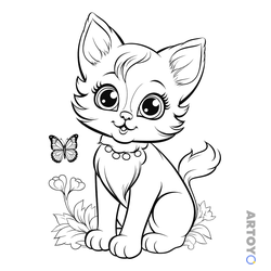 Коты кошки, котят: раскраска Котёнок и бабочка