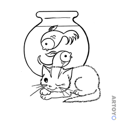 Раскраска Кот и рыбки, чёрно-белый контур