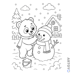 Раскраска Панда лепит снеговика — А4