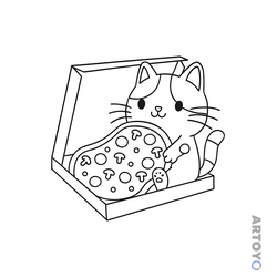 Раскраска Котик ест пиццу, чёрно-белый контур