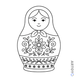Раскраска Матрёшка с цветочными узорами, чёрно-белый контур