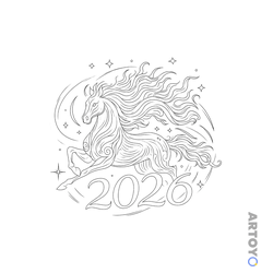Раскраска Огненная лошадь 2026, чёрно-белый контур