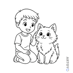 Раскраска «Кот и мальчик» из категории Коты кошки, котят