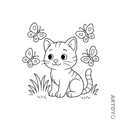 Раскраска «Котенок и бабочки» из категории Коты кошки, котят