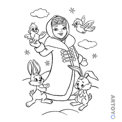 Раскраска Снегурочка с птичками и зайчиками, чёрно-белый контур