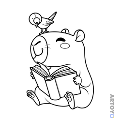Раскраска Капибара с книгой, чёрно-белый контур