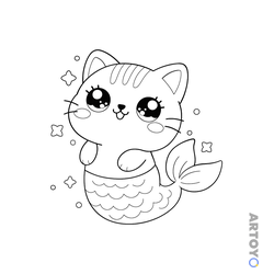 Раскраска Аниме кот-русалка — А4