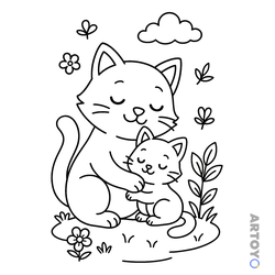 Ласковая кошка с котенком — раскраска для распечатки