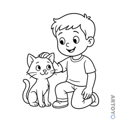 Котенок играет с мальчиком — раскраска для распечатки
