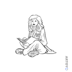Мультяшная Гермиона читает книгу — раскраска для распечатки