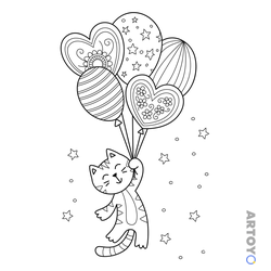 Раскраска Котик с шариками для открытки