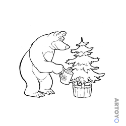 Раскраска Медведь поливает ёлку
