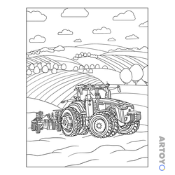 Трактор John Deere с двойными колёсами тянет широкий прицепной агрегат по полю