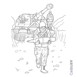 Раскраска «Солдат несёт танковый снаряд» из категории Военная техники