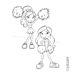 Раскраска Bratz на тренировке, чёрно-белый контур