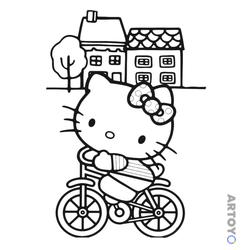 Раскраска Kitty катается на велосипеде, чёрно-белый контур