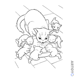 Кошка и шесть котят — раскраска для распечатки