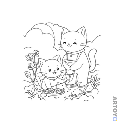 Аниме котики: раскраска Мама кошка с котёнком