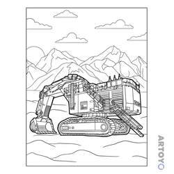 Раскраска Карьерный экскаватор Komatsu, чёрно-белый контур