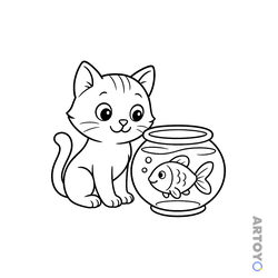 Коты кошки, котят: раскраска Кошка и рыбка