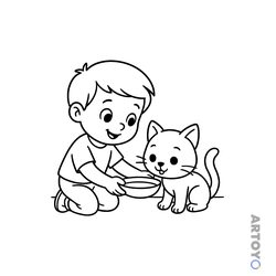 Раскраска «Мальчик поит котёнка молоком» из категории Коты кошки, котят