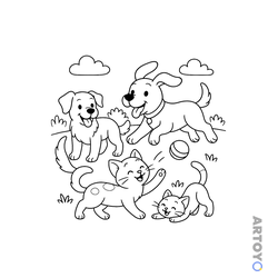 Кот и собаки играют — раскраска для распечатки