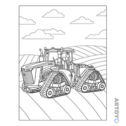 Четырёхгусеничный трактор с надписями John Deere и 9620 RX на полосатом поле