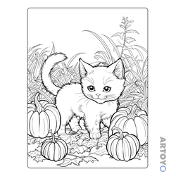 Котёнок среди четырёх тыкв, травы и опавших листьев