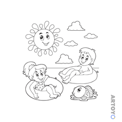 Раскраска Лето, дети купаются, чёрно-белый контур