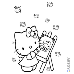 Раскраска Художница-Kitty, чёрно-белый контур