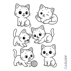 Шесть котят в разных позах, один рядом с клубком ниток