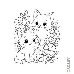 Раскраска Котята и цветы, чёрно-белый контур