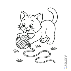 Раскраска Котик играет с нитками, чёрно-белый контур